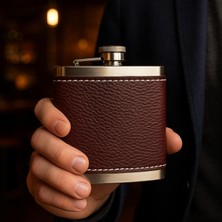 Nacario Perlotus 5 OZ-150 cc Hunili Kahve Brown Deri Kılıf Çelik Viski Içki Konyak Matarası