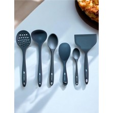 Nacario Isıya Dayanıklı Silikon Kevgir Kepçe Kaşık Spatula Seti, 6 Parça, Gri