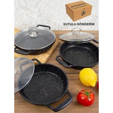 Nacario 6'lı Granit Tava Seti, Cam Kapaklı, Döküm, Siyah, 18-20-22 cm
