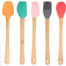 Nacario Promosyonca Silikon Spatula ve Fırça Seti, 5 Parça, Karışık Renkli, Bambu Saplı