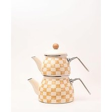 Nacario Beige Dama Desenli Emaye Çaydanlık (Tüm Ocaklara Uygun)