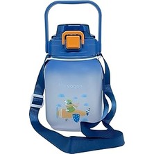 Nacario Vagonlife 1100ML Pipetli/pipetsiz Kullanım Sevimli Hayvanlar Desenli Kulplu Askılı Tritan Su Matara (Lacivert)