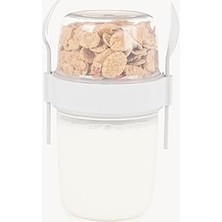 Nacario 650 ml Take-Go Kaşıklı Hazneli Meyveli Müsli Kabı Piknik Iş Yoğurt Süt Bardağı Kapaklı ve Kaşıklı Kahvaltı Bardakları, Tahıl Tepesi Yulaf Ezmesi Granola (Beyaz)