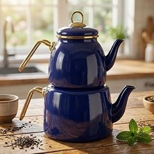Nacario Deconox Içten Kaplamalı Emaye Çaydanlık Takımı - Gold Detaylı Nostaljik Alt Üst Çay Seti (1.2 Litre + 2 Litre) - 3 Renk Seçeneği (Mavi)