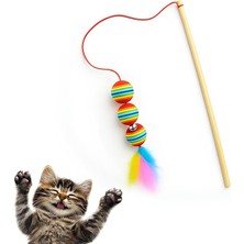 Nacario Kanji Kedi Oyuncağı – Gökkuşağı Renkli 3 Toplu Tüylü Zilli Olta Kedi Oyuncağı, 40 cm Bambu Saplı Etkileşimli Kedi Teaser Çubuğu, Yavru ve Yetişkin Kediler Için