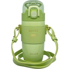 Nacario Diller 360ML Moda Deri Kılıflı Pipetli Askılı Pastel Renkli Paslanmaz Çelik Termos Matara (Yeşil)