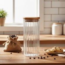 Nacario Deconox Linie Serisi Bambu Kapaklı Borosilikat Cam Kavanoz - 350 ml Çizgili Vakumlu Baharatlık, Çay ve Kahve Saklama Kabı