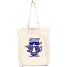 Nacario Kedi Baskılı Gabardin Bez Çanta Cool Cat