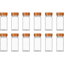 Nacario Bambu Kapaklı Cam Baharatlık Seti 12 Adet, Şeffaf Kare Baharat Kavanozu, Plastik Delikli Iç Kapaklı Kontrollü Döküm Sistemi, 11X4X4 cm Mutfak Düzenleyici Baharat Saklama Kabı Seti