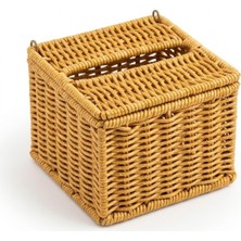 Nacario Kapaklı Hasır Peçetelik Kutu 13X13X9 cm Doğal Rattan Peçete Saklama Kutusu