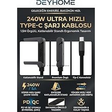 Nacario 240W Ultra Hızlı Type-C Şarj Kablosu – 1.5m Örgülü, Katlanabilir Standlı Ergonomik Tasarım, Pd Hızlı Şarj ve Data Aktarım Kablosu