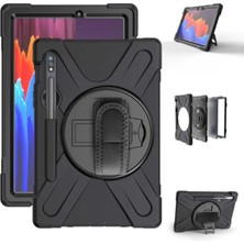 Nacario Constraın - Galaxy Tab S7 Plus T970 ile Uyumlu Omuz Askılı El Kayışı 360 Derece Dönen Stand Tablet Kılıf Siyah