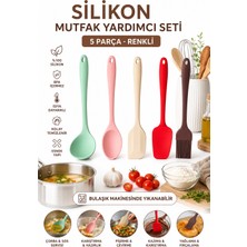 Evolis Kitchen Isıya Dayanıklı Yanmaz Yapışmaz Silikon Spatula Mutfak Seti 5 Parça Kepçe-Fırça-Kaşık-Oval Spatula-Spatula (Renkli)