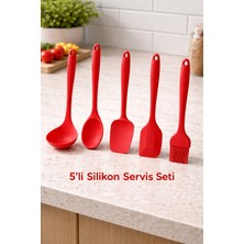 5’li Isıya Dayanıklı Yanmaz Yapışmaz Silikon Mutfak Seti Kepçe-Fırça-Kaşık-Oval Spatula-Spatula Çok Amaçlı Büyük Boy Mutfak Seti (Kırmızı)