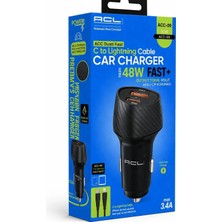 Acl 48W Hızlı Şarj Destekli Oto Çakmaklık 3.4A Güçlü Çıkış ve Dual Port (Usb-A + Usb-C) C To Lightning Kablo Dahil Oto Şarj Cihazı