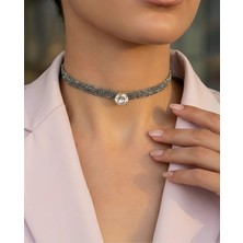 Eva Takı Store Kordon Zincir Örme Kristal Taşlı El Yapımı Choker Tasma Şeffaf Silver Renk Kolye