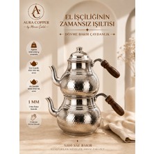 Aura Copper Gaziantep Geleneksel Büyük Boy Bakır Çaydanlık El Işçiliği Dövme Desenli Bakır Çaydanlık Takımı -Seti 1mm Kalınlığında Gümüş Renk