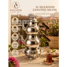 Aura Copper Gaziantep Geleneksel Büyük Boy Bakır Çaydanlık + Balkon Sefalı El Işçiliği Dövme Desen Bakır Çaydanlık Takımı - Seti 1 mm Kalınlığında Gümüş Renk