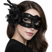Colezium Siyah Venedik Parti Maskesi – Çiçekli Tüylü Payetli