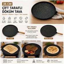 Colezium 35 cm Döküm Gözleme Tası Çift Taraflı Bazlama Izgara Tası Ahşap Saplı Yapışmaz