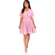 Pembe Desenli Gömlek Yaka Kısa Kollu Kadın Elbise