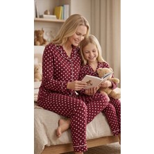 Enie Anne-Kız Çocuk Bordo Pamuklu Puantiye Desenli Uyku Gözlüklü Pijama Takımı