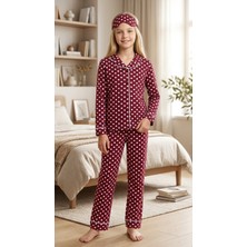 Enie Anne-Kız Çocuk Bordo Pamuklu Puantiye Desenli Uyku Gözlüklü Pijama Takımı