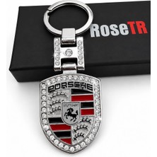 Rosetr Lüks Taşlı Metal Anahtarlık Silver Porsche Ile Uyumlu Aksesuar Panamera Taycan Macan Cayenne