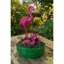 Dekoratif 45 cm Fuşya Flamingo Anne ve Yavruları Biblo Obje Ev Balkon Bahçe Dekorasyon Heykel Bahçe Süsü