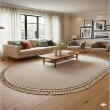 Altun Carpet Bej Oval Ponpon Saçaklı Pelüş Halı 12ML Hav 2 cm Kalınlık Kaymaz Taban