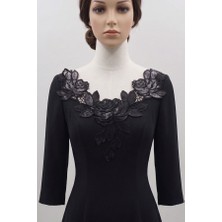 Zurafa Shop  Tasarım Gül Desen Siyah Dantel Işleme Güpür Yaka Aplikesi-Dantel Yaka Motifi
