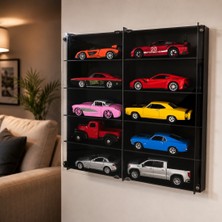 1:24 Araba Sergileme Vitrini Ahşap Duvar Rafı Pleksi Kapaklı Koleksiyon Kutusu Model Araç Display Case 10 Bölmeli