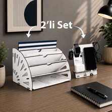 Mingitav Quarter Masaüstü Organizer ve Telefon Standı 2'li Set – Ahşap Dosya A4 Kağıt Düzenleyici Dekoratif Dairesel Evrak Rafı