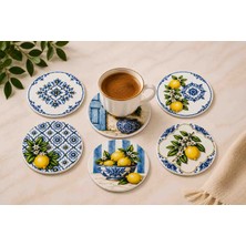 Hediyefuryası 6'lı Limon ve Akdeniz Desenli Ahşap Mdf Bardak Altlığı Seti Lüks Uv Baskılı
