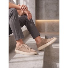 WhiteFace Erkek Hakiki Deri Sneaker Günlük Spor Ayakkabı Kum Rengi Beyaz Taban Casual Rahat