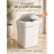 Loremp 50 Lt Sensörlü Akıllı Çöp Kovası Dokunmadan Açılan Otomatik Kapaklı Pilli Hijyenik Çöp Kutusu Beyaz
