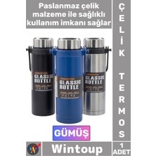 Wintoup #termos Yalıtımlı Sızdırmaz Sağlam Kamp Outdoor Soğuk Sıcak Taşıma Kulplu Çelik Termos 800 ml Gümüş