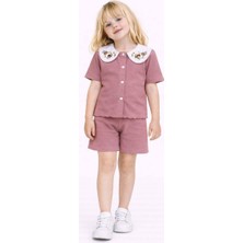 Yiğit Butik Kız Çocuk Çiçek Nakışlı Bebe Yaka Düğmeli Kaşkorse Şortlu Takım