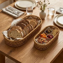 Deinhaus Oval Hasır Örgü Dekoratif Sepet Tepsisi, Doğal Renk, 2'li Set, Büyük 28X10X5 Cm, Kü