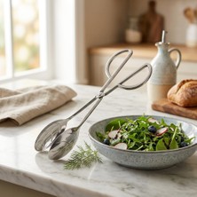 Paslanmaz Çelik Salata Maşası, Gümüş Rengi, Yaprak Desenli Kaşık Uçlu, Mutfak Servis Aleti