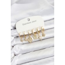 316L Çelik Gold Renk Zirkon Taşlı Charm Detaylı Kadın Küpe Seti