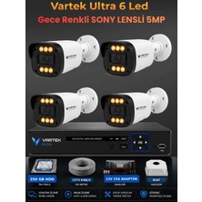 Vartek Bilişim 4 Kameralı Ultra 6 Ledli 5mp Sony Lensli Gece Renkli Güvenlik Kamerası Seti 250 GB HDD