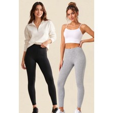 Fevien 2'li Paket Kadın %95 Pamuklu Yüksek Bel Esnek Likralı Uzun Tayt Seti Iç Göstermeyen Toparlayıcı Günlük Spor Rahat Basic Ikili Tayt
