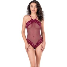 Amora Secret Dantel Işlemeli Bordo File Tül Bodysuit
