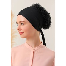 Melodi Scarf Kadın Tesettür Önü Dikişsiz Fırfırlı Penye Bone Siyah