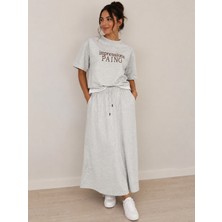 Gri Baskılı Oversize Tişört & Beli Lastikli Maxi Etek Ikili Takım