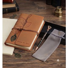 C&On Design Isme Özel Tasarım Yaprak Desenli Deri Defter ve Taşlı Kalem Hediye Seti