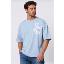 Zueofficial Erkek Mavi Oversize Tişört Bisiklet Yaka Baskılı Kısa Kollu Pamuk Günlük Rahat T-Shirt