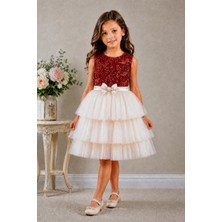 Deep Look Kids Wear Kırmızı Pul Payet Kadife Üst Tüllü Kız Çocuk Abiye Elbise