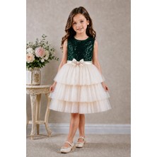 Deep Look Kids Wear Koyu Yeşil Pul Payet Kadife Üst Tüllü Kız Çocuk Abiye Elbise